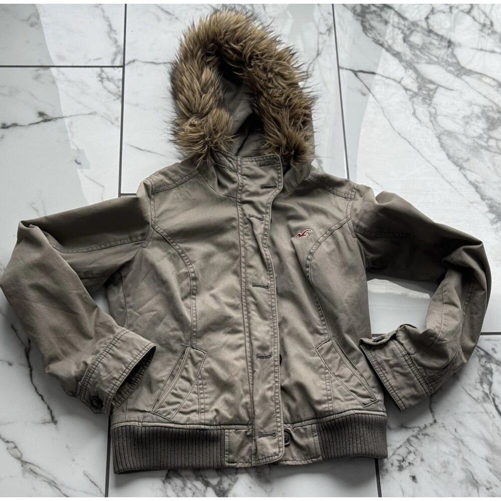 VTG HOLLISTER GRAIL Y2K Olive Bomber Flannel Lined Detachable Fur Trim Hoodie